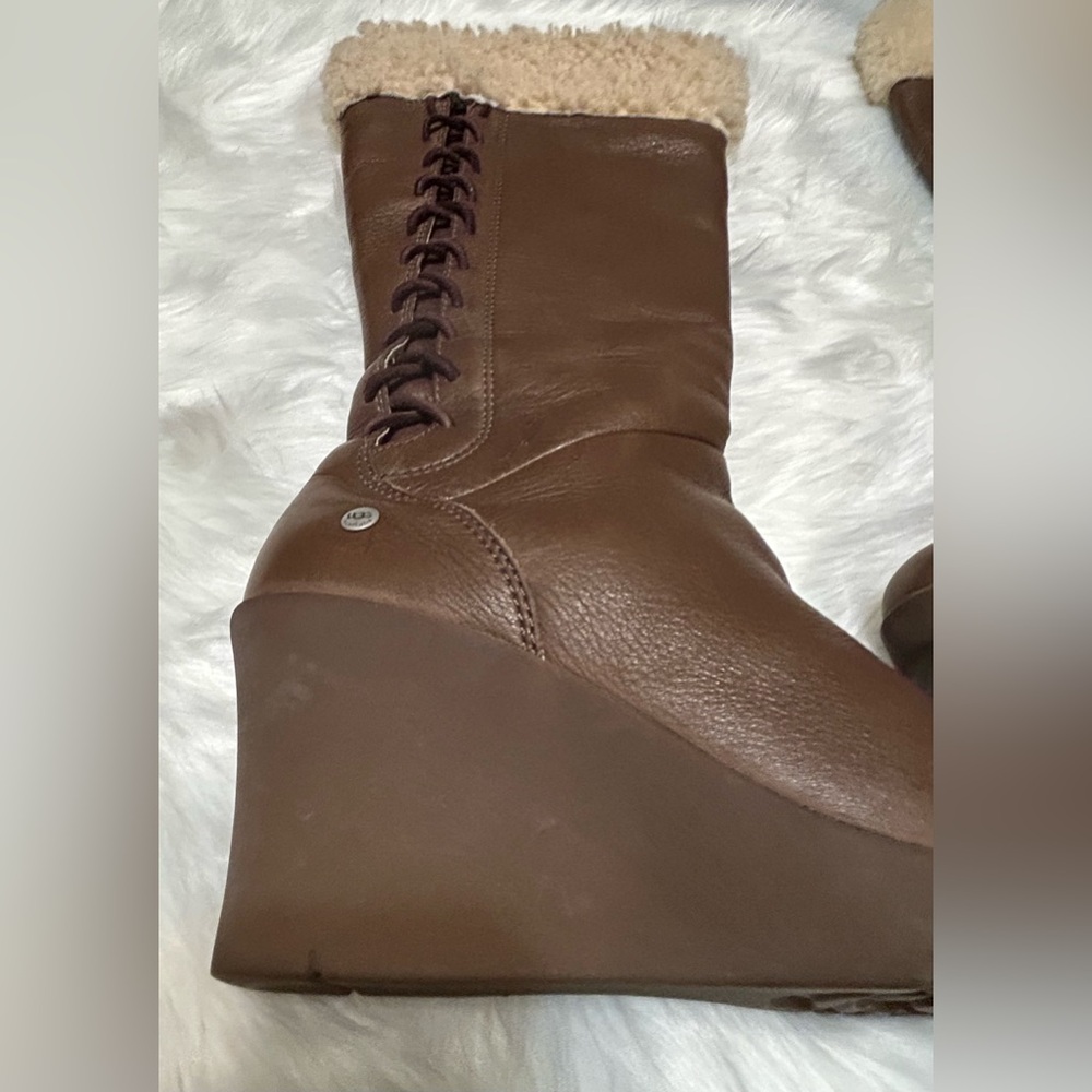 UGG Felicity Brown Shearling-Lined Mid Calf Lace Leather Wedge Boots - Picture 6 of 15